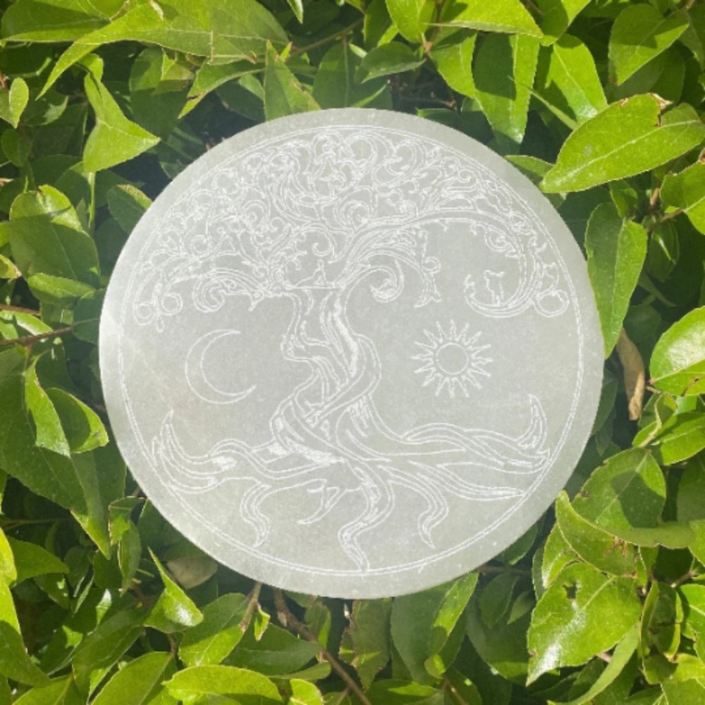 Selenite Tree of Life Etched Charging Plate, Boho Decor, Altar Pieces, Power